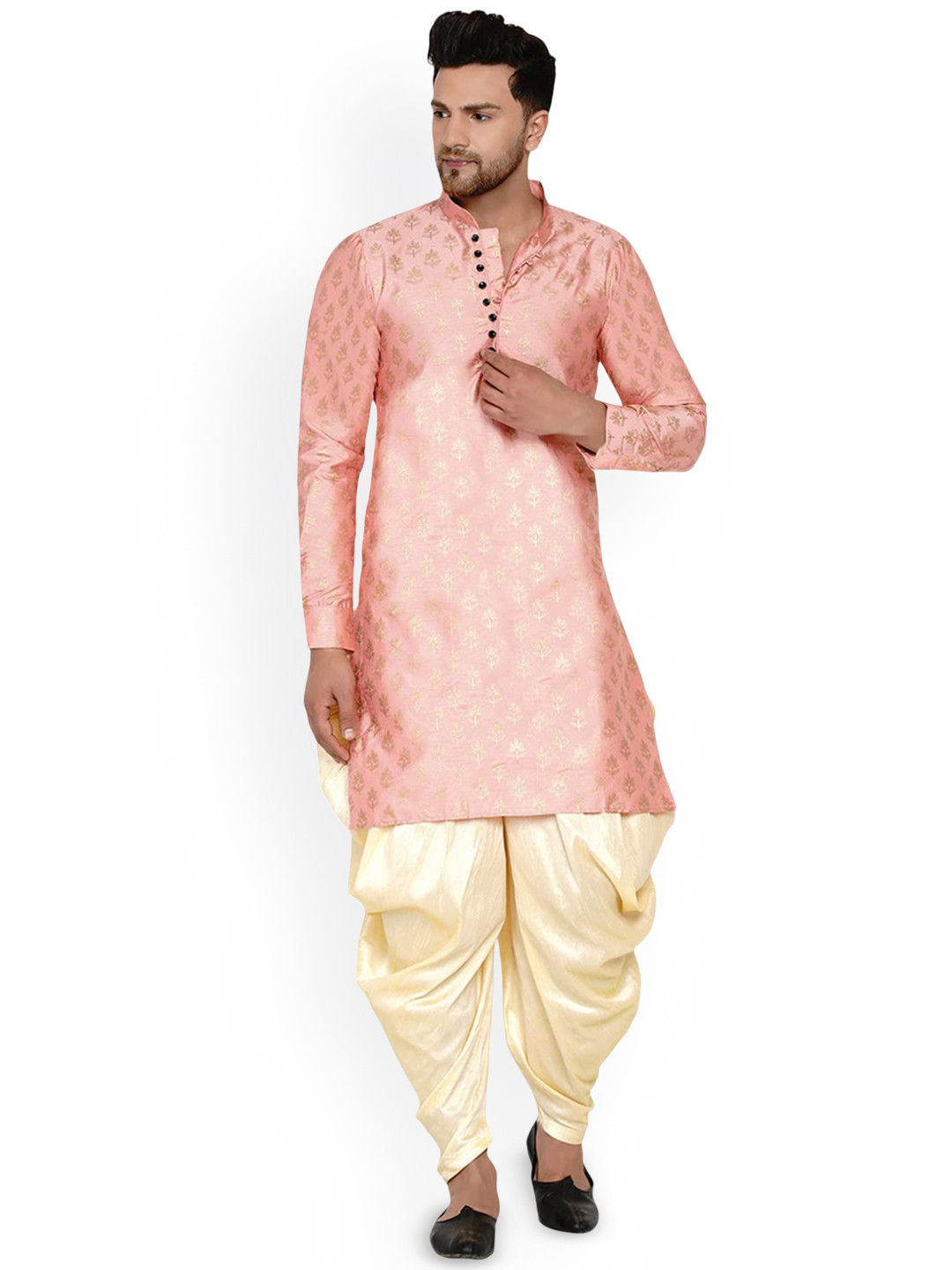 

VEERA PARIDHAAN Floral Printed Art Silk Mandarin Collar Straight Kurta, Pink