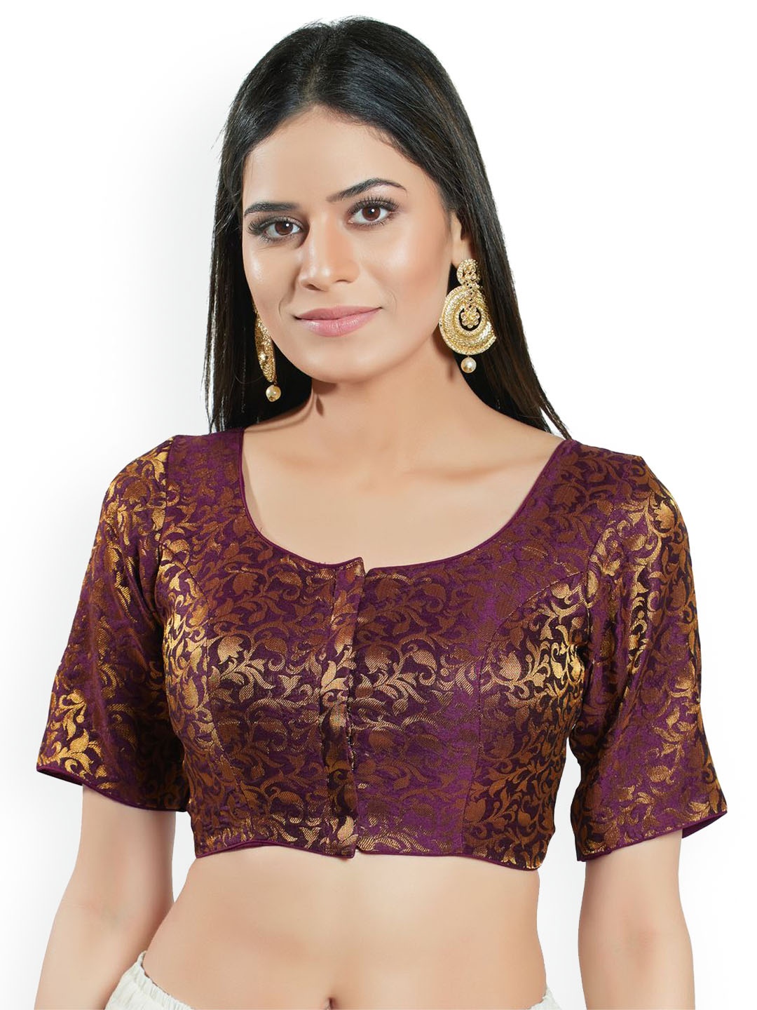 

VAMAS - THE DESIGNER BLOUSES Woven Design Brocade Round Neck Padded Saree Blouse, Purple