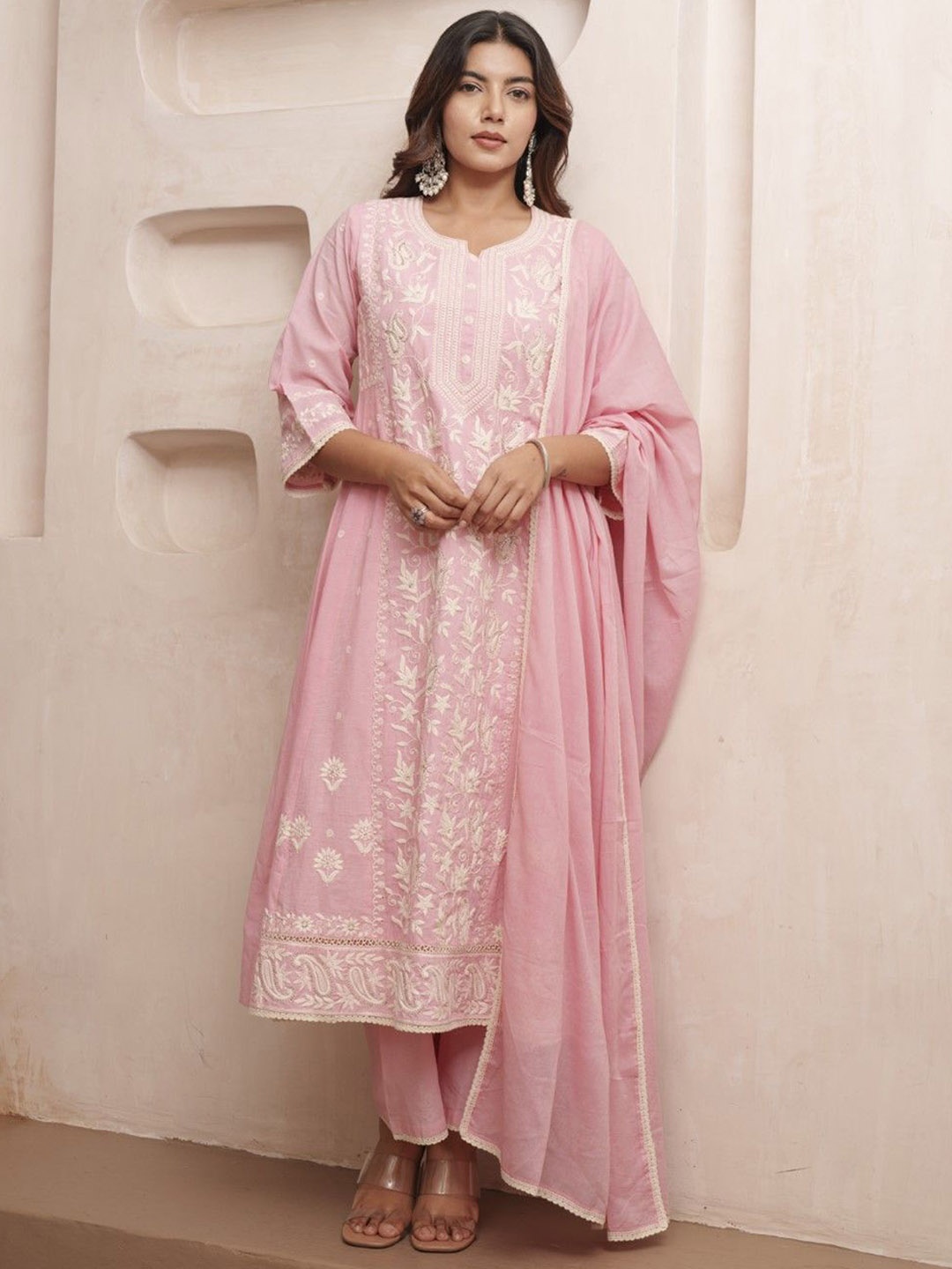 

AUTUMN LANE Women Floral Embroidered Regular Sequinned Pure Cotton Kurta with Trousers & With Dupatta, Pink