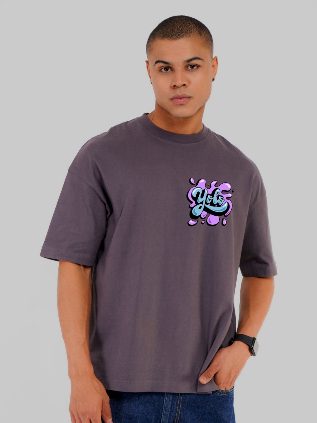 

Underrated Club Men Typography Mandarin Collar Bio Finish Applique T-shirt, Grey