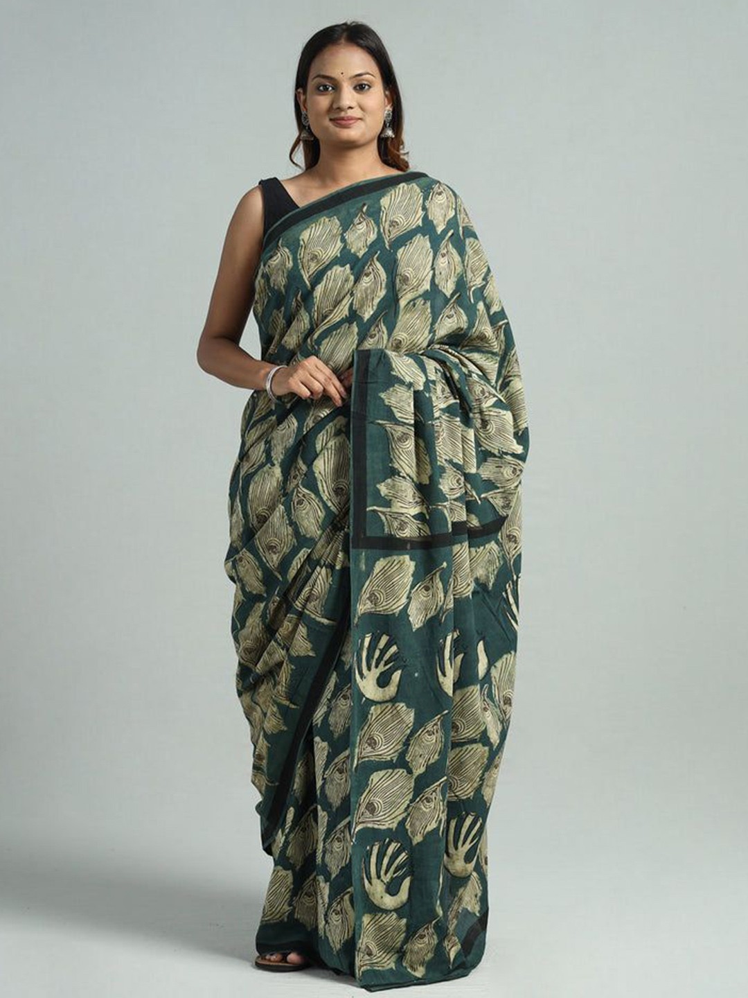 

iTokri Pure Cotton Block Print Saree, Green