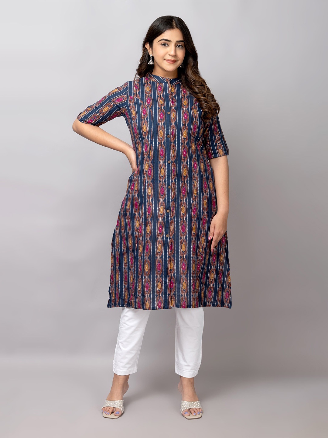 

TRIVEDI Printed Pure Cotton Mandarin Collar Ethnic A-Line Kurta, Blue