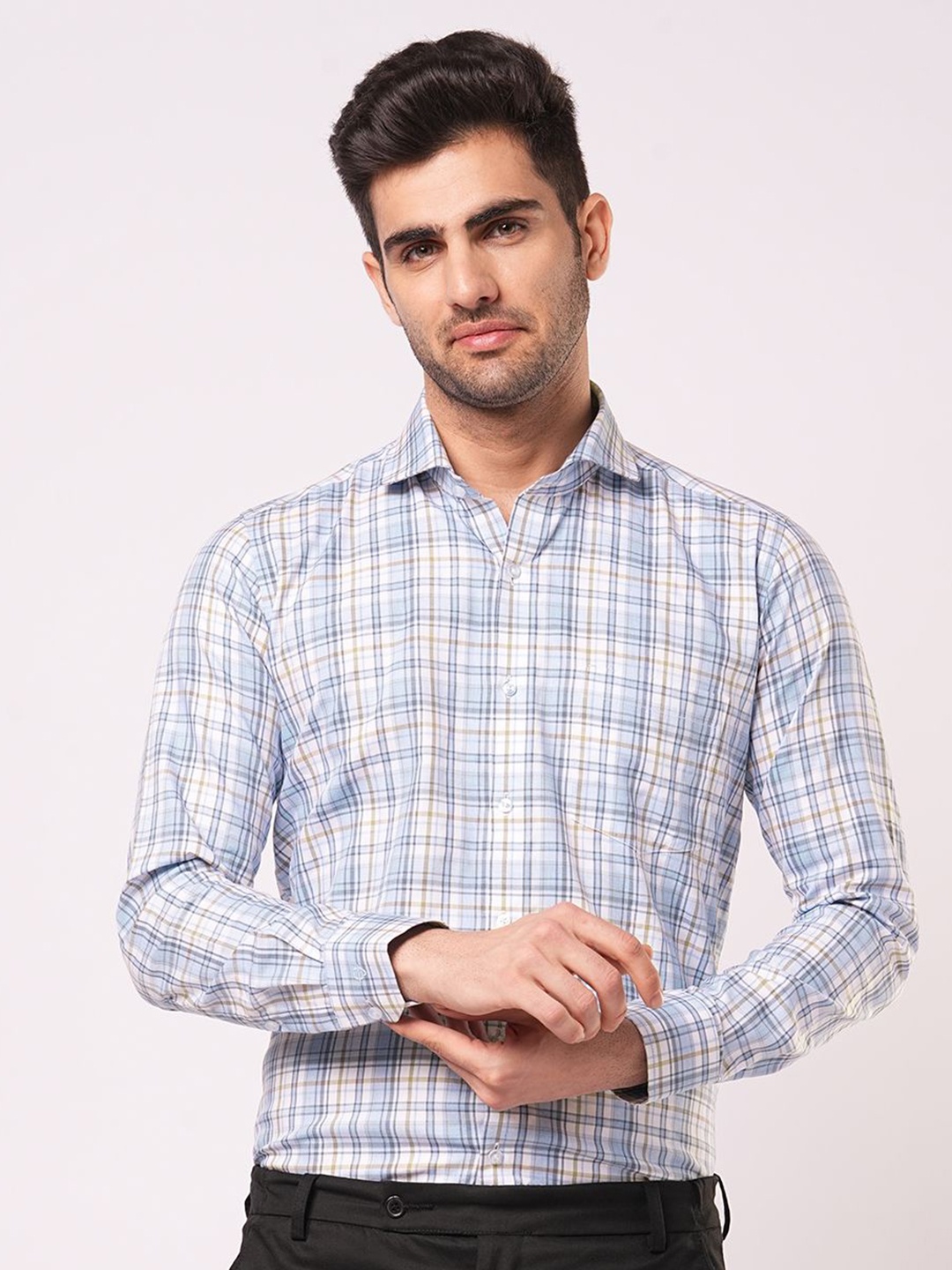 

John Philips Men Slim Fit Tartan Checks Opaque Checked Casual Shirt, Blue
