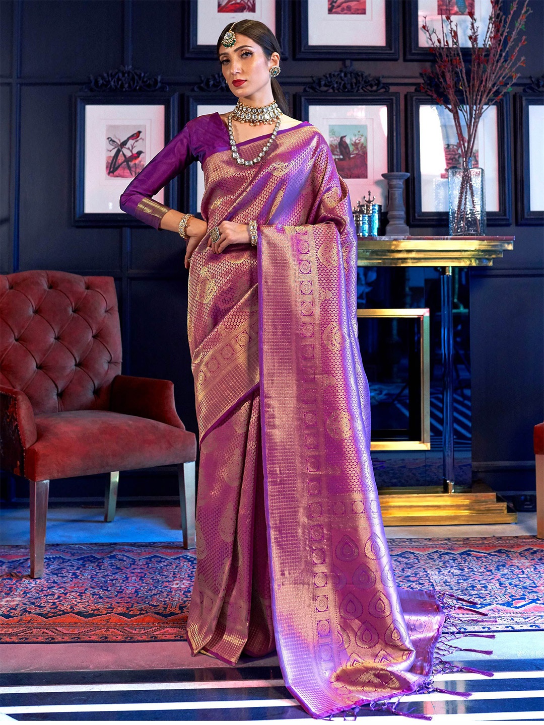 

Vardha Woven Design Zari Kanjeevaram Saree, Purple