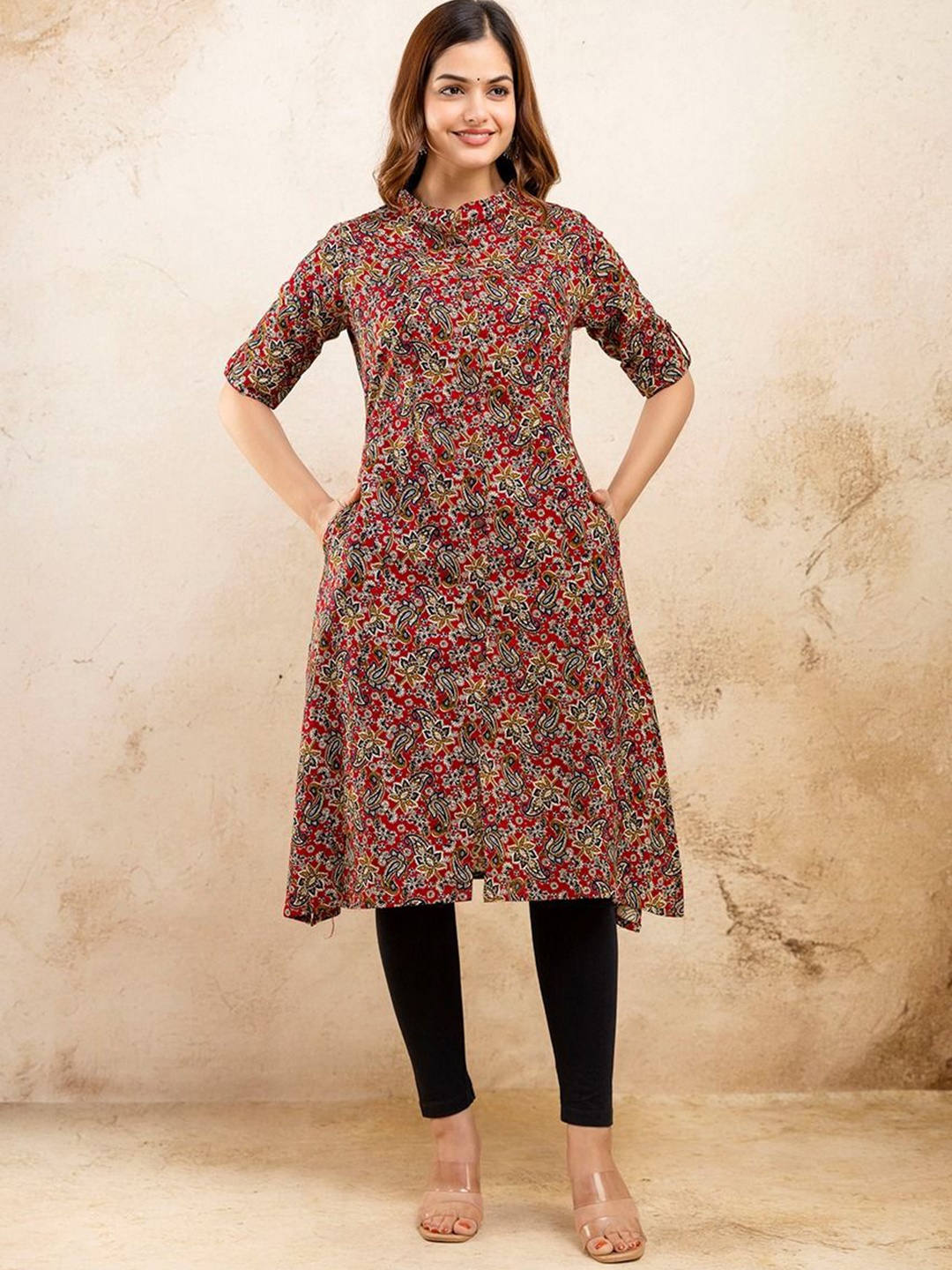 

TRIVEDI Printed Pure Cotton A-Line Kurta, Maroon