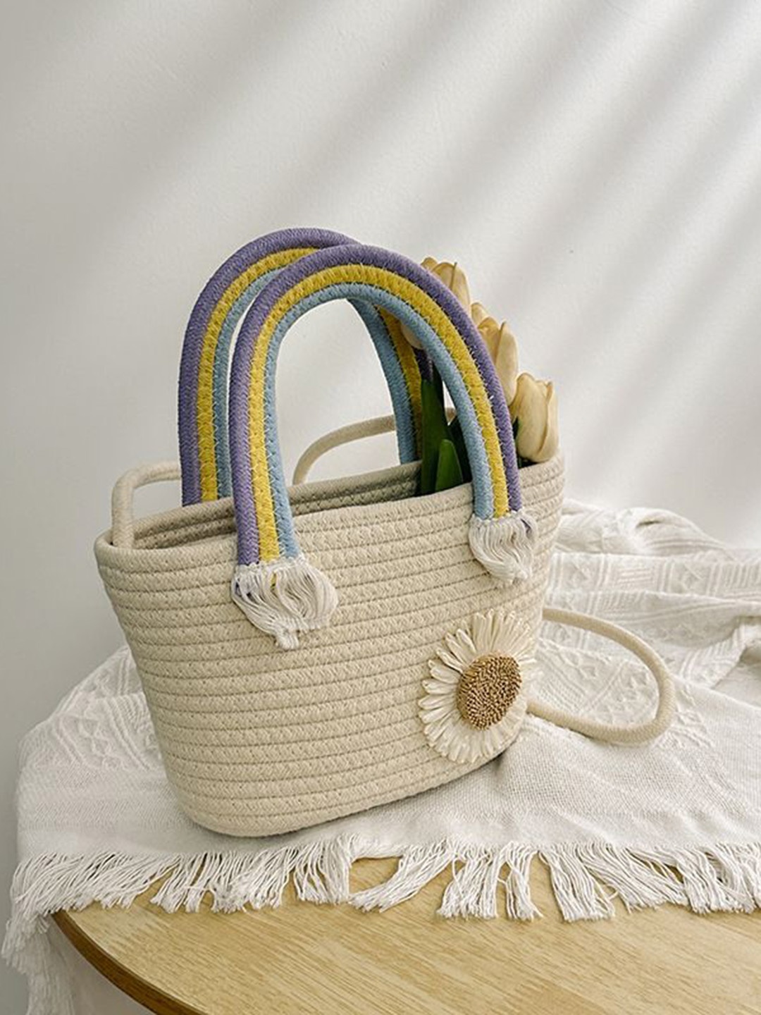 

DressBerry Printed Shopper Handheld Bag with Tasselled, Off white