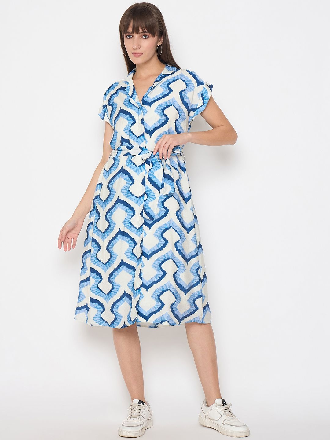 

Madame Women Printed Fit & Flare Dress, Blue