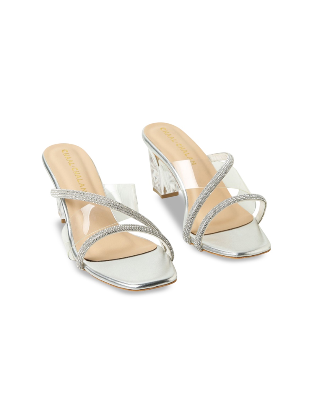 

CHAAL CHALAN Women Open Toe Block Heel Sandals, Silver