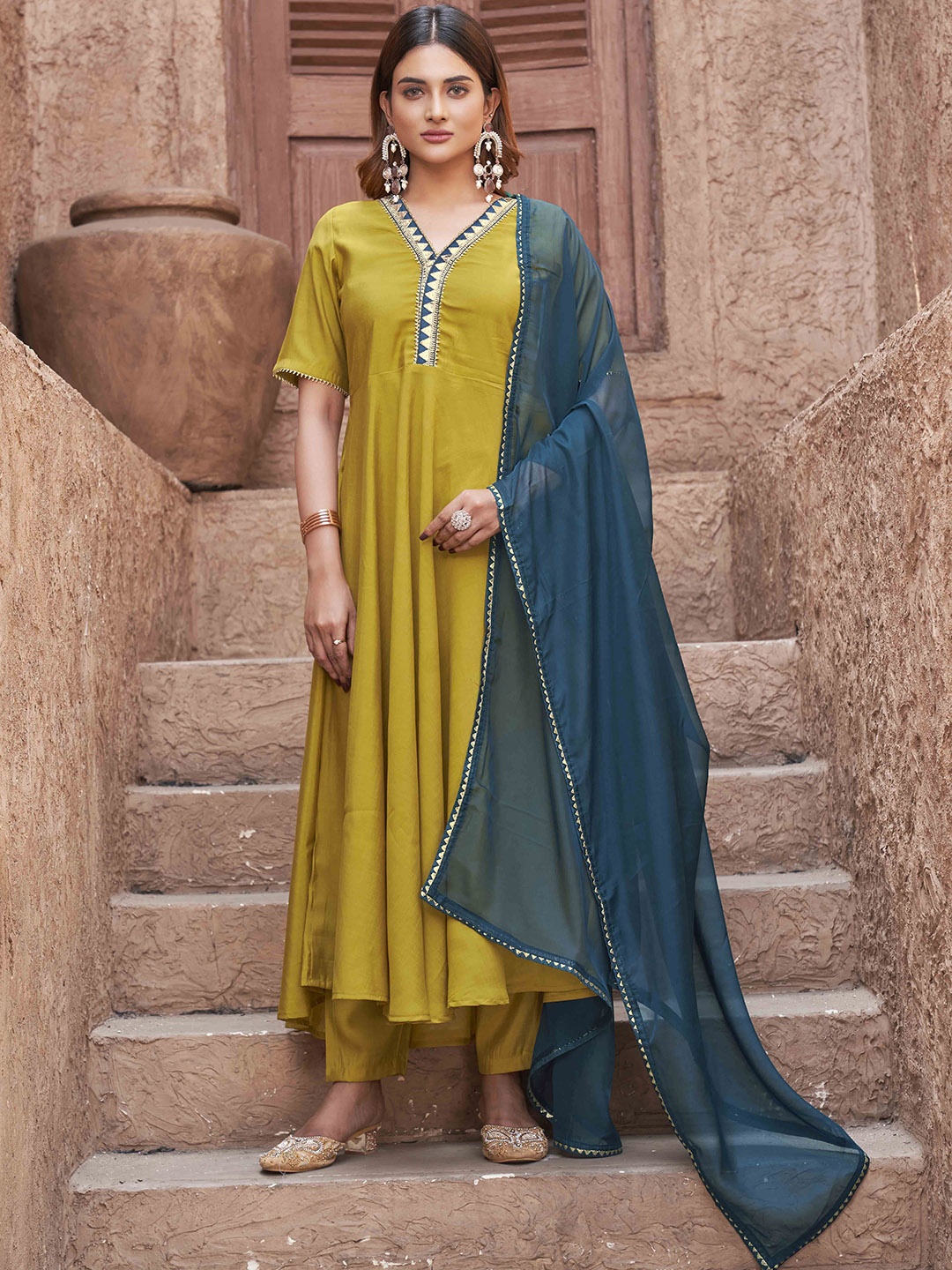 

Tikhi Imli Women Regular Gotta Patti Kurta with Trousers & With Dupatta, Mustard