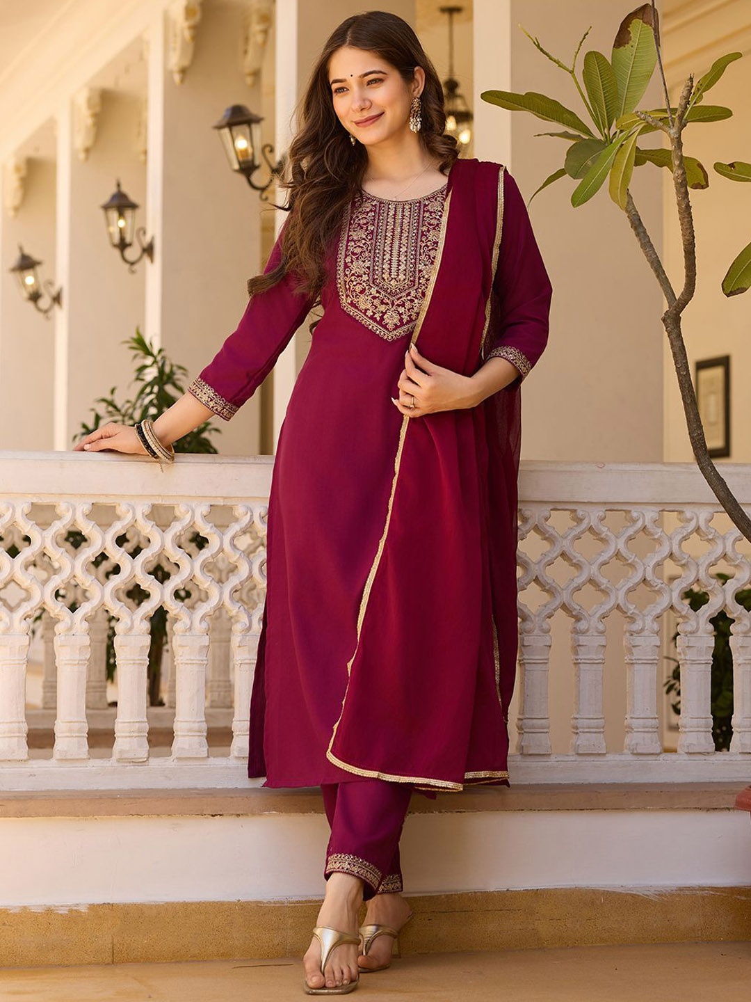 

KALINI Floral Embroidered Thread Work Straight Kurta With Trousers And Dupatta, Maroon