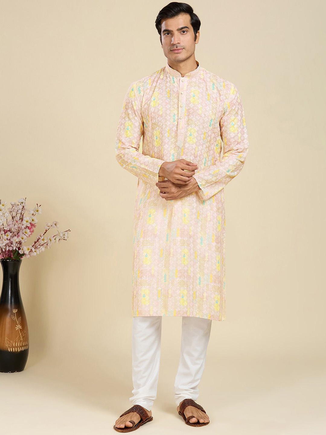 

RAJUBHAI HARGOVINDAS Floral Printed Mandarin Collar Chikankari Cotton Straight Kurta, Pink
