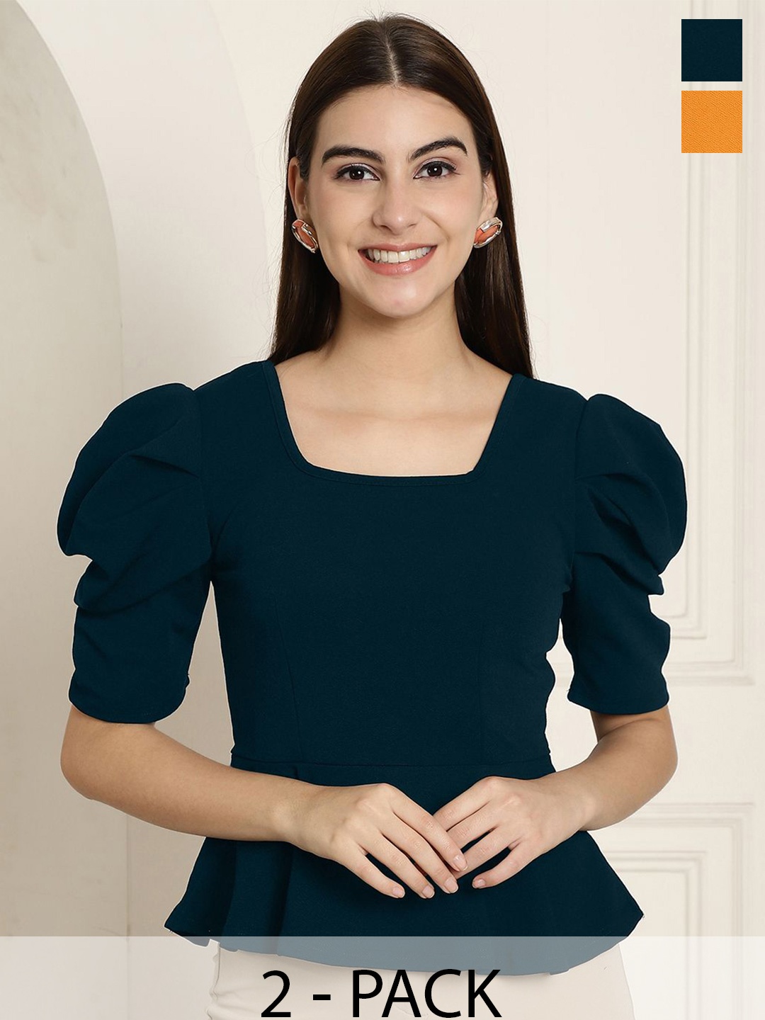 

Tromko Women Solid Color Square Neck Puff Sleeves Peplum Top, Multi