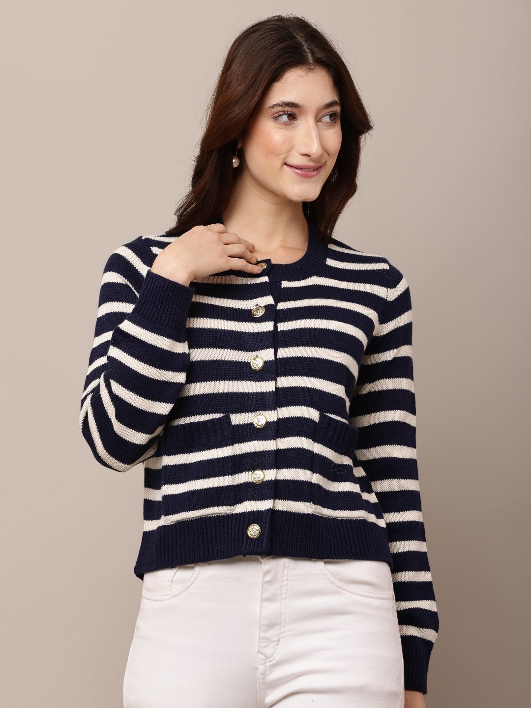 

NoBarr Women Striped Cardigan, Blue