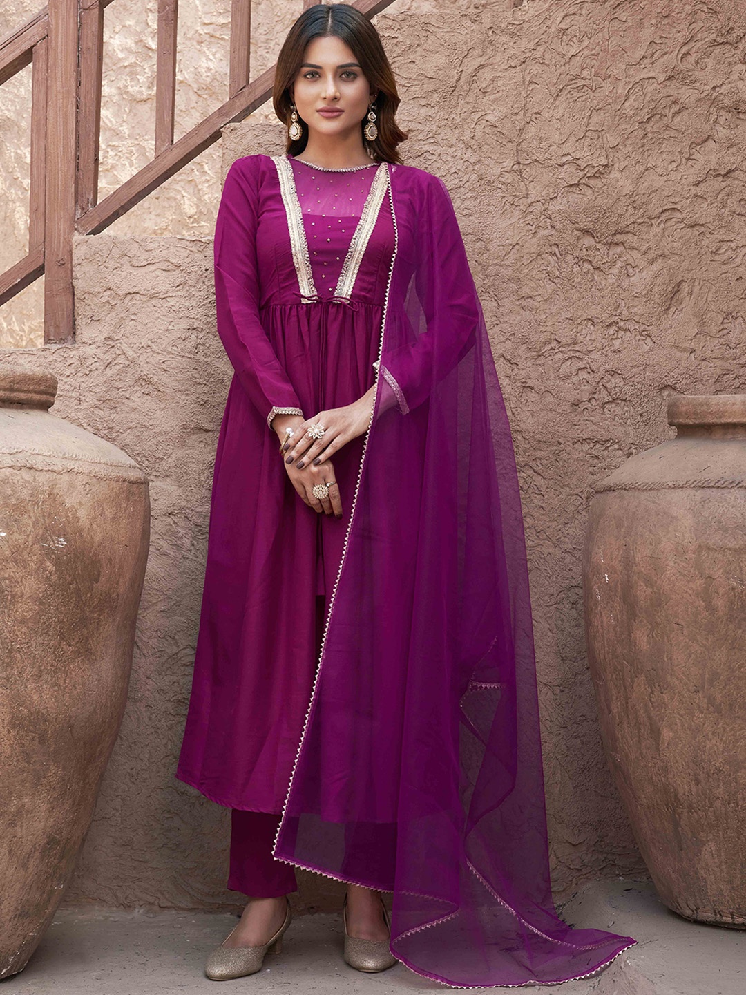 

Tikhi Imli Women Yoke Design Pleated Sequinned Kurta with Trousers & With Dupatta, Magenta