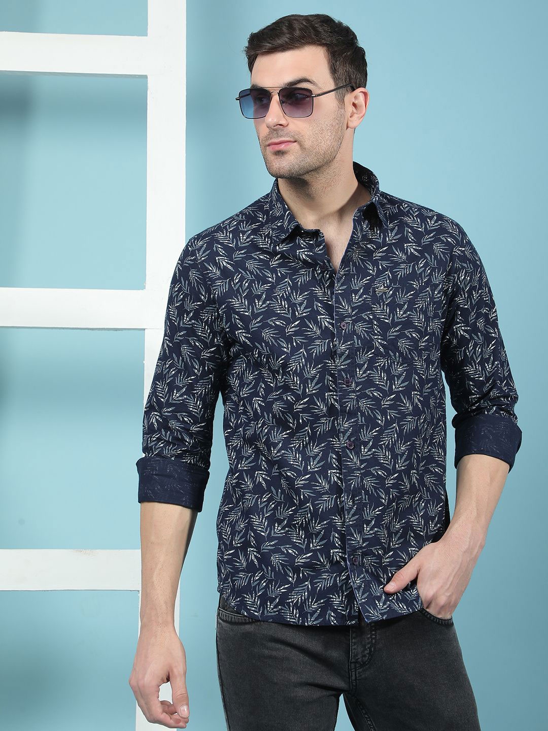 

Canary London Men Smart Slim Fit Floral Opaque Printed Casual Shirt, Navy blue