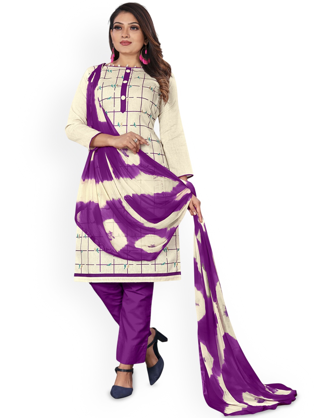 

HERE&NOW Geometric Printed Unstitched Dress Material, White