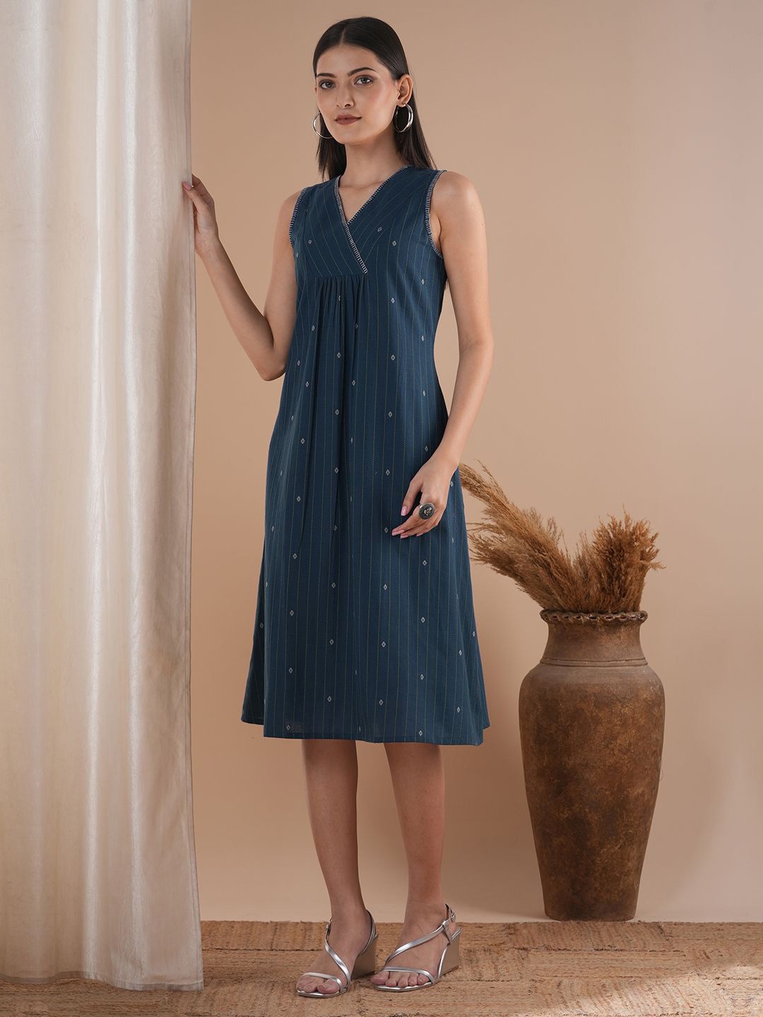 

KAMI KUBI Women Printed A-Line Midi Cotton Dress, Navy blue