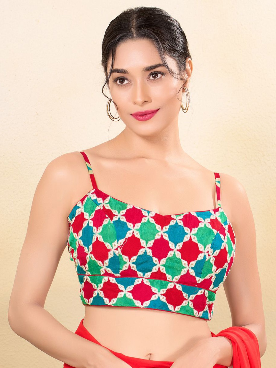 

VAMAS - THE DESIGNER BLOUSES Printed Sweetheart Neck Padded Saree Blouse, Red