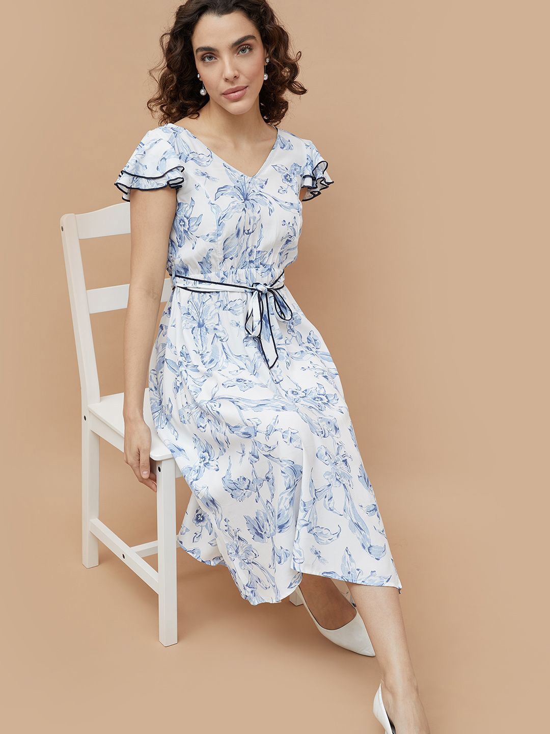 

CODE by Lifestyle Women Floral Printed V-Neck Cap Sleeves Midi Fit & Flare Dress, Off white