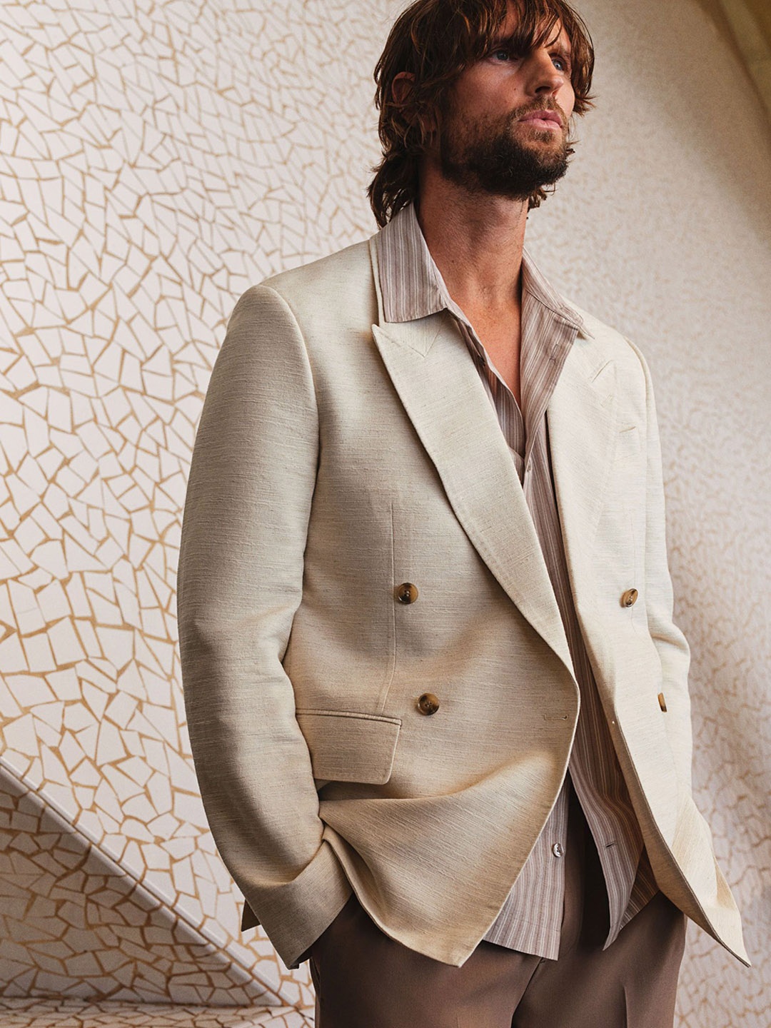 

H&M Loose Fit Double-Breasted Jacket, Beige