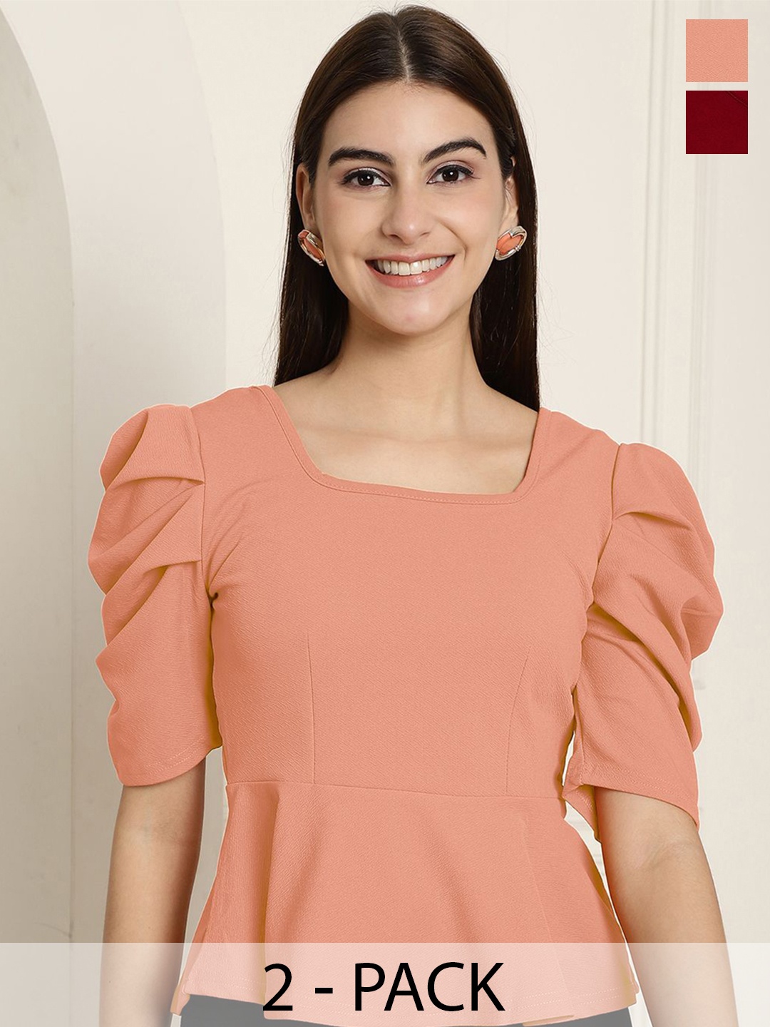

Tromko Women Solid Square Neck Puff Sleeve Peplum Top, Multi