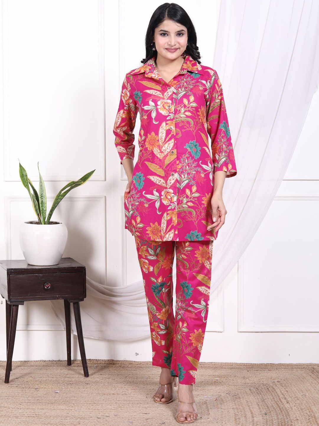 

Swasti Printed Pure Cotton Shirt With Trousers Co-Ords, Pink
