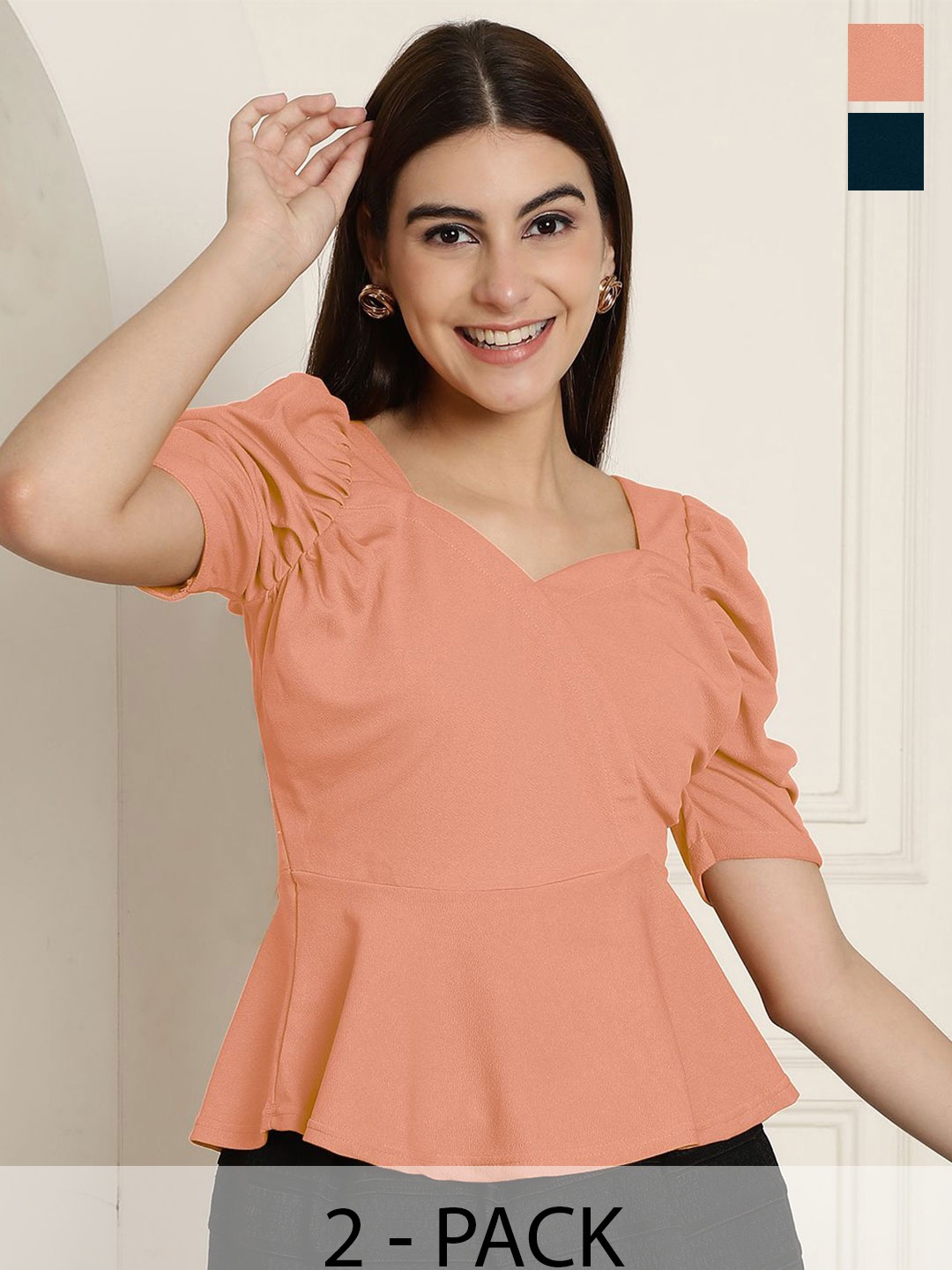 

Tromko Women Solid Color Sweetheart Neck Puff Sleeve Peplum Top, Multi