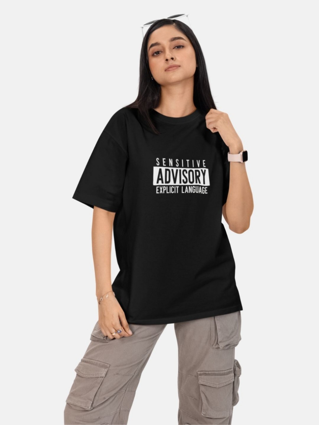 

URBAN FLAUNT Women Typography Printed Hooded Pockets T-shirt, Black