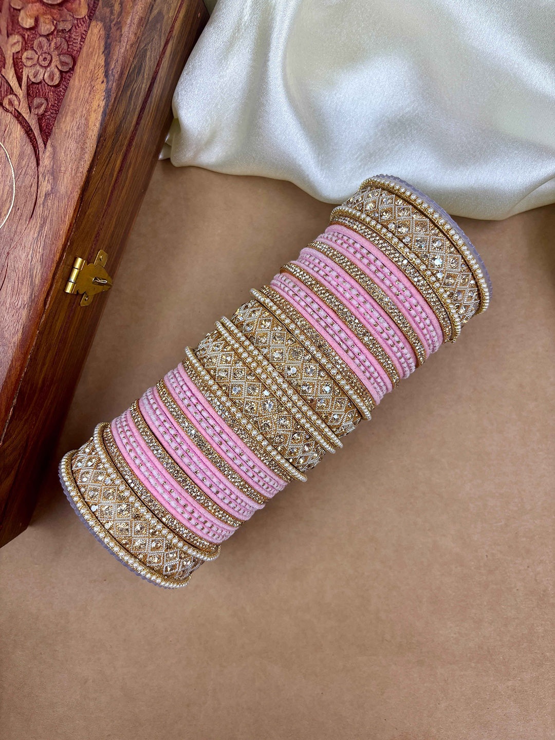 

Wedding Chuda by Hitesh Bangles Set Of 52 Stone Studded Velvet Bangles, Gold