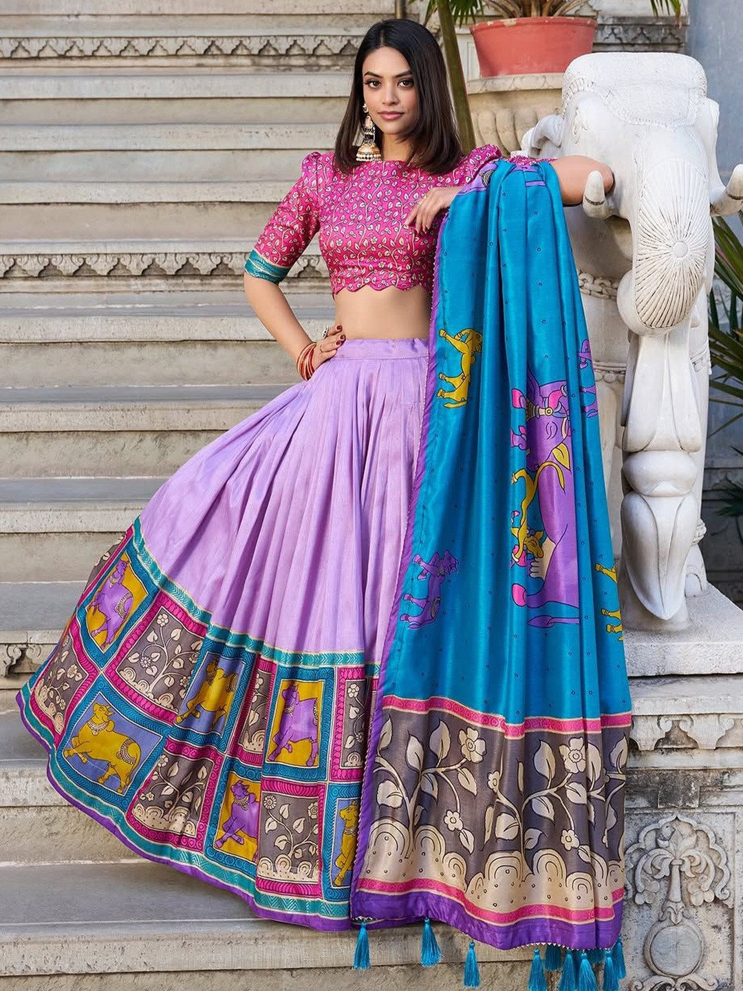 

RADHVI BIZ Printed Kalamkari Ready to Wear Lehenga & Semi-Stitched Blouse With Dupatta, Purple