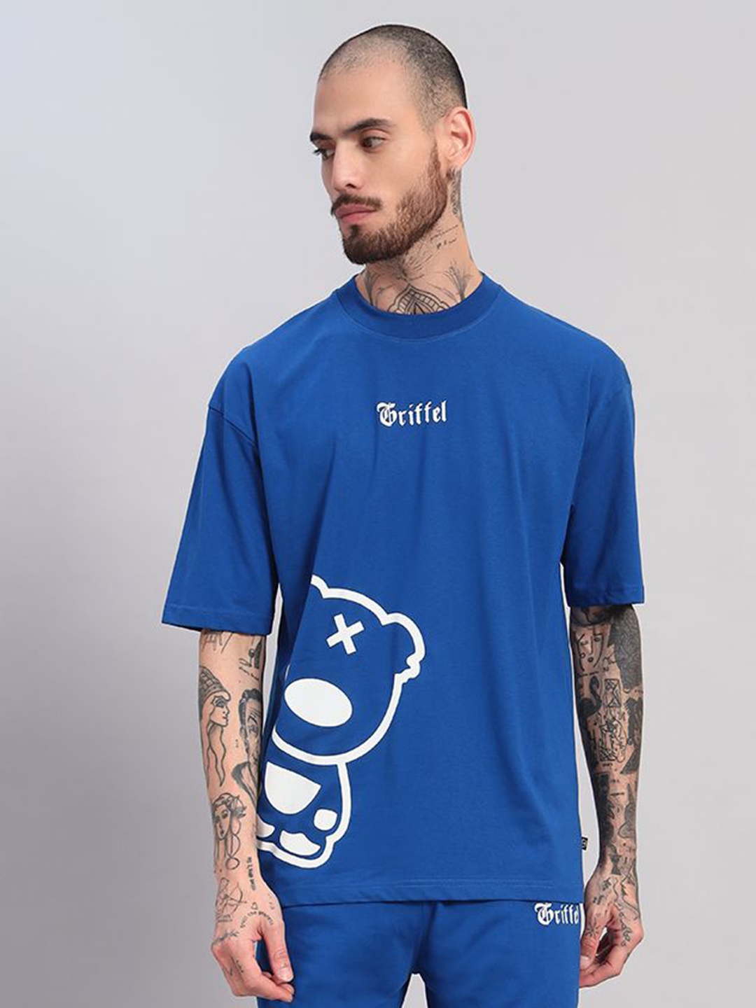 

GRIFFEL Men Printed Drop-Shoulder Sleeves Ultralite T-shirt, Blue