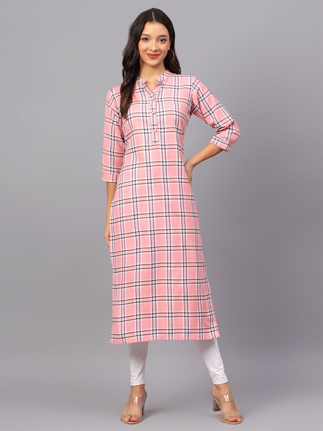 

ZARISTAA Pure Cotton Checked Mandarin-Collar Kurtas, Pink