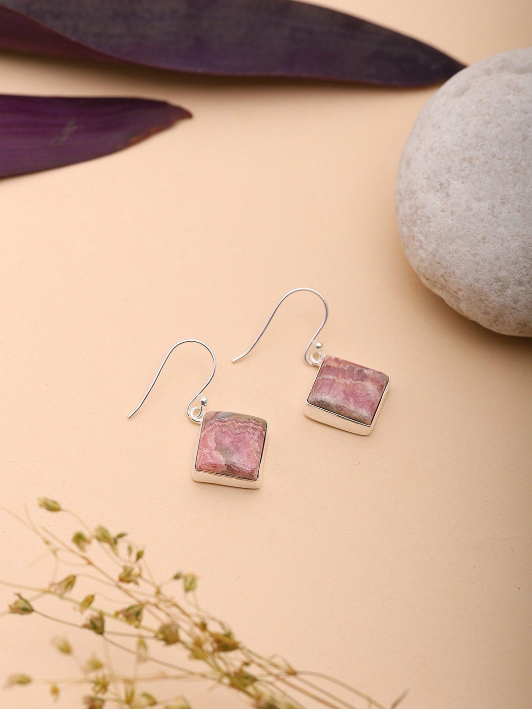 

Exotic India Sterling Silver-Plated Rhodochrosite Studded Square Drop Earrings