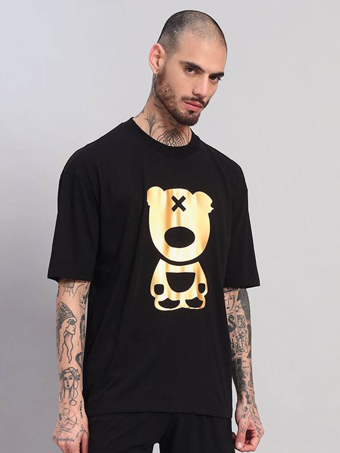 

GRIFFEL Men Printed Drop-Shoulder Sleeves Ultralite T-shirt, Black