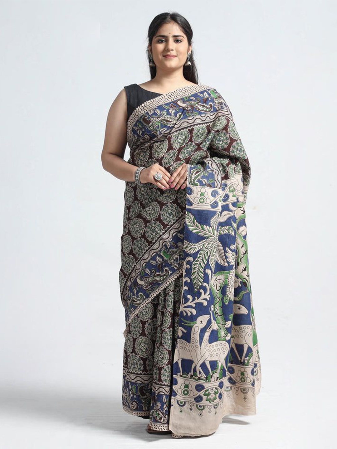 

iTokri Kalamkari Pure Silk Block Print Saree, Brown