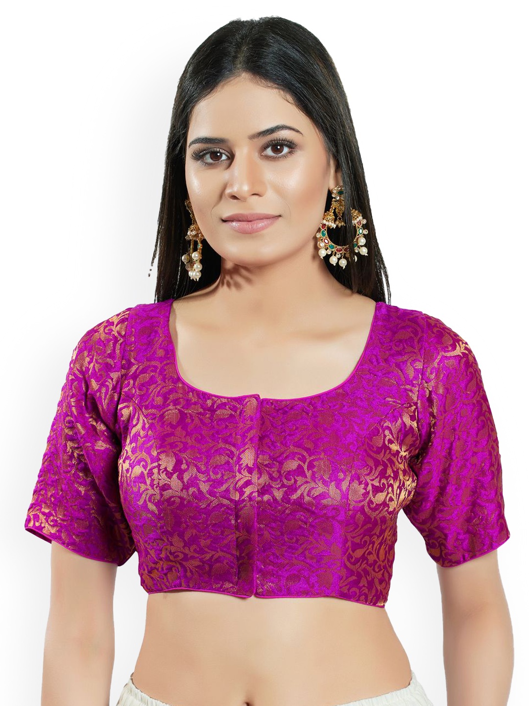 

VAMAS - THE DESIGNER BLOUSES Woven Design Brocade Round Neck Padded Saree Blouse, Purple