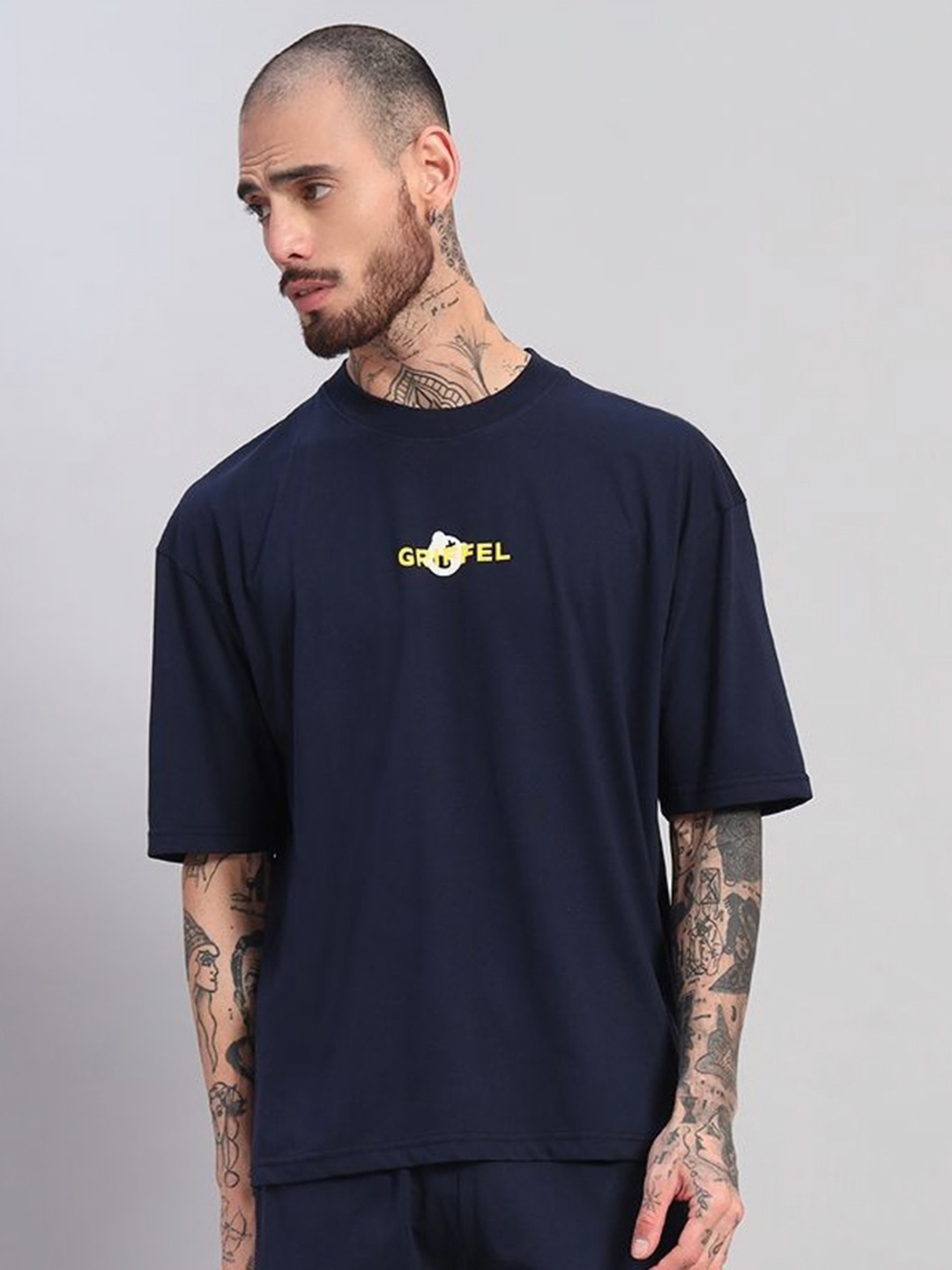 

GRIFFEL Men Printed Drop-Shoulder Sleeves Ultralite T-shirt, Navy blue