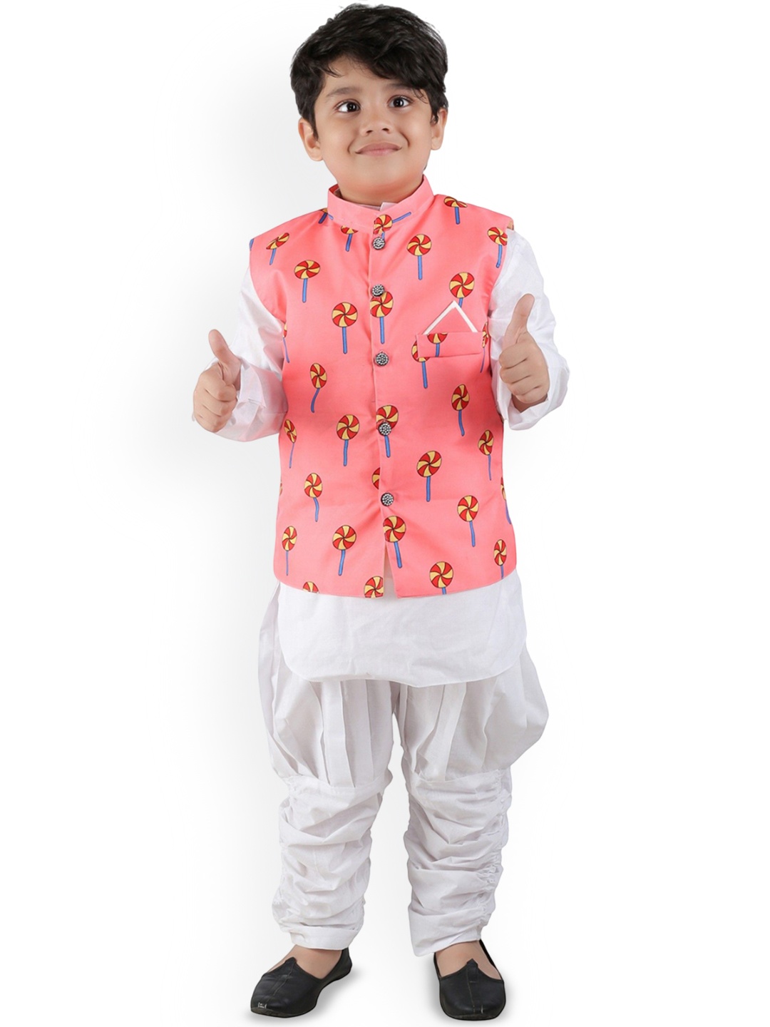 

BAESD Boys Conversational Printed Mandarin Collar Kurta With Pyjamas & Waistcoat, Pink