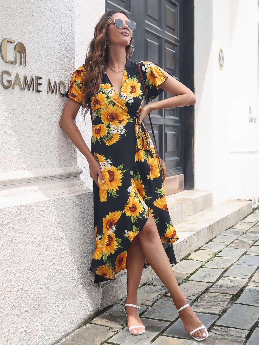 

Oh Rare Women Floral Printed Wrap Midi Dress, Black