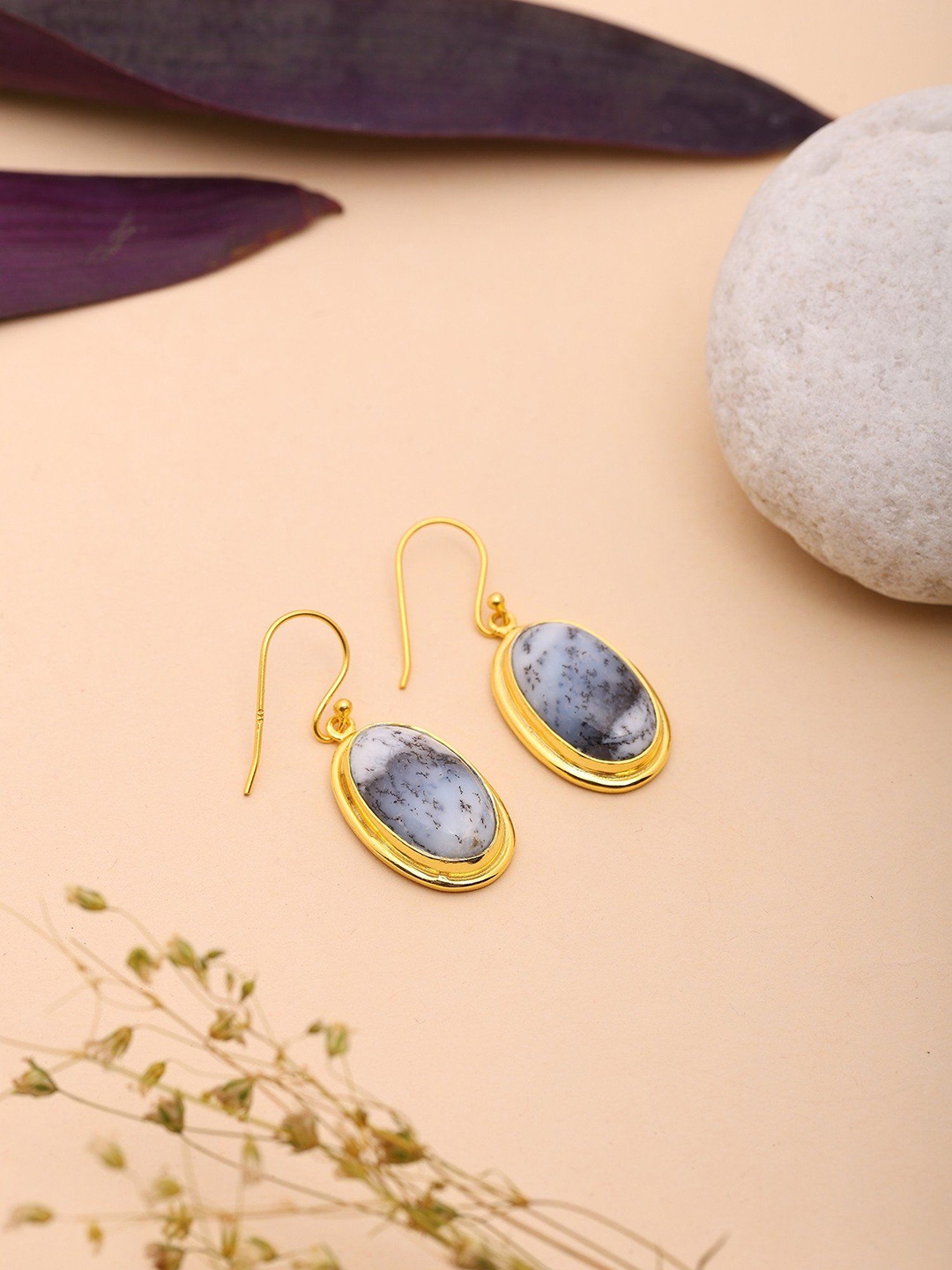 

Exotic India Gold-Plated Oval Cut Dendritic Opal Drop Earrings