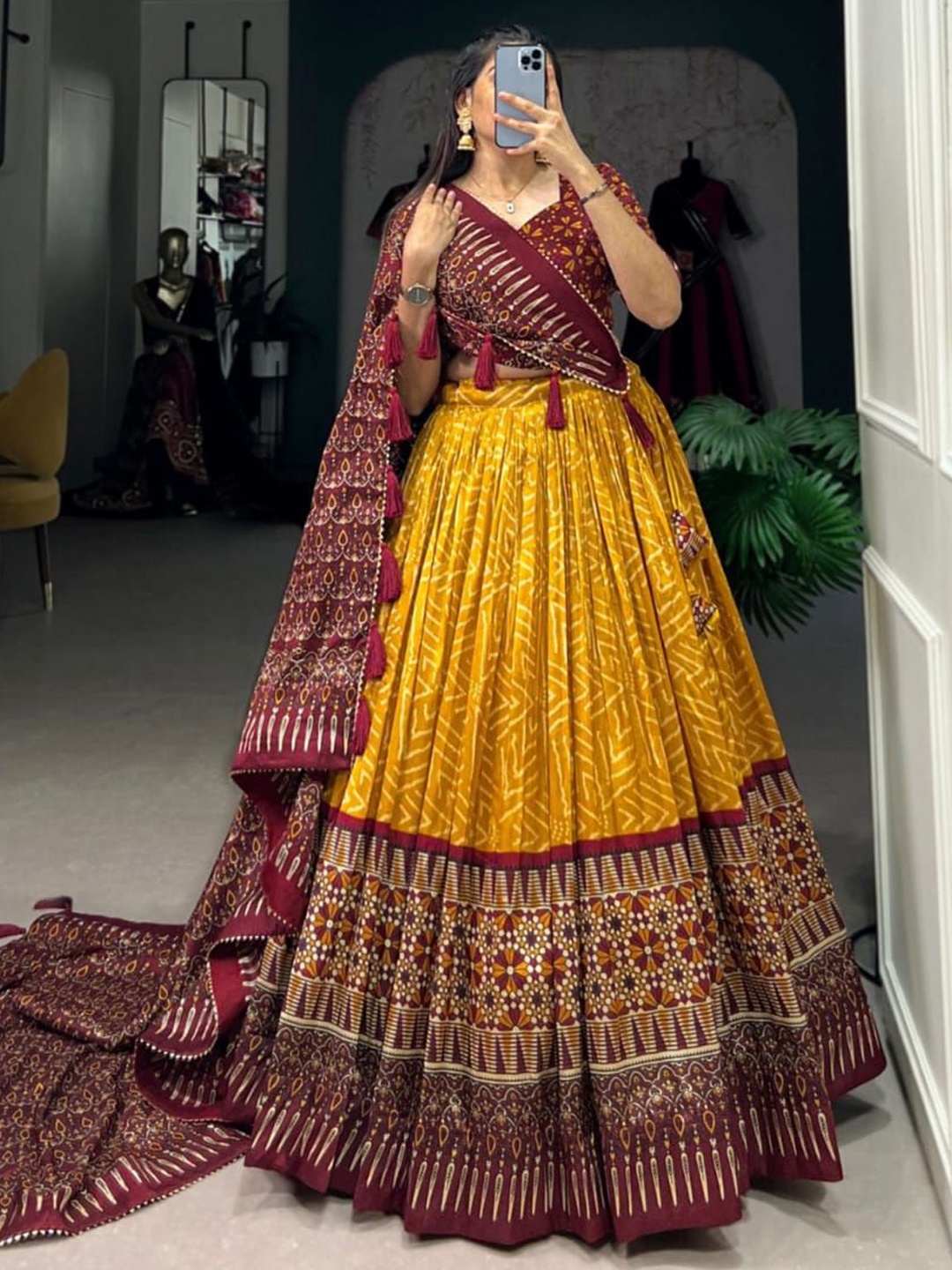 

RADHVI BIZ Ethnic Printed Ready to Wear Lehenga & Semi-Stitched Blouse With Dupatta, Yellow