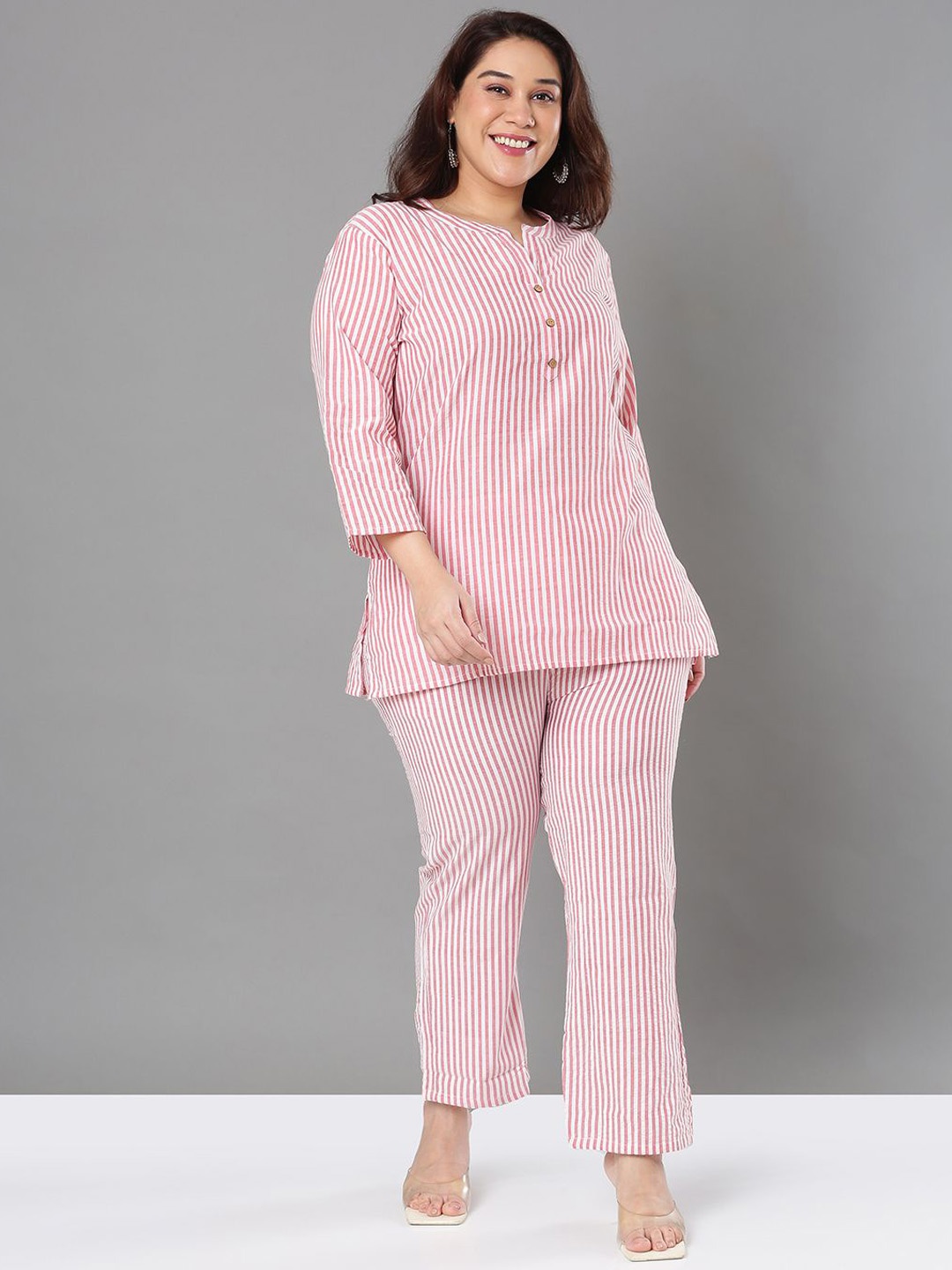 

Sztori Striped Pure Cotton Mandarin Collar Top With Trousers Co-Ords, Pink
