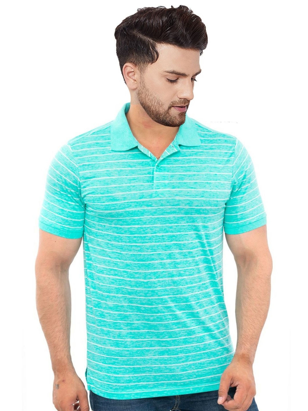 

Bishop Cotton Men Striped Polo Collar Pockets T-shirt, Sea green