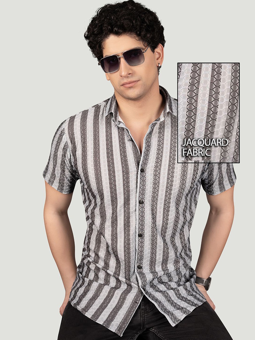 

ALMATY Men Comfort Slim Fit Opaque Striped Casual Shirt, Grey