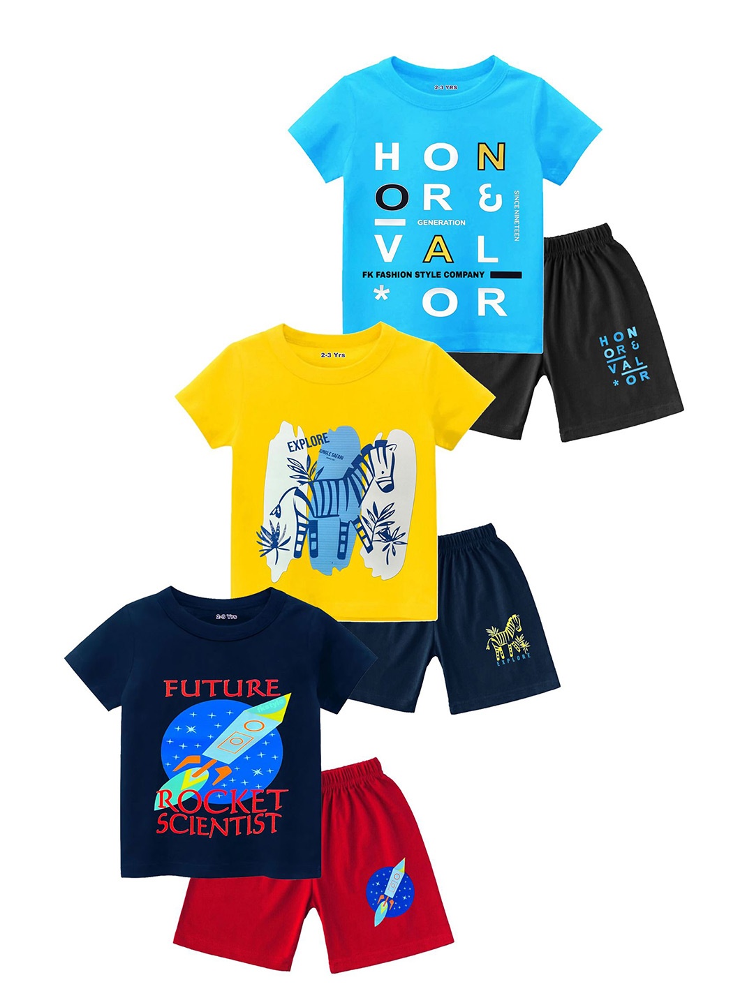 

FRENCH KLEIDER Boys Pack Of 3 Printed Round Neck Pure Cotton T-shirt With Shorts, Yellow