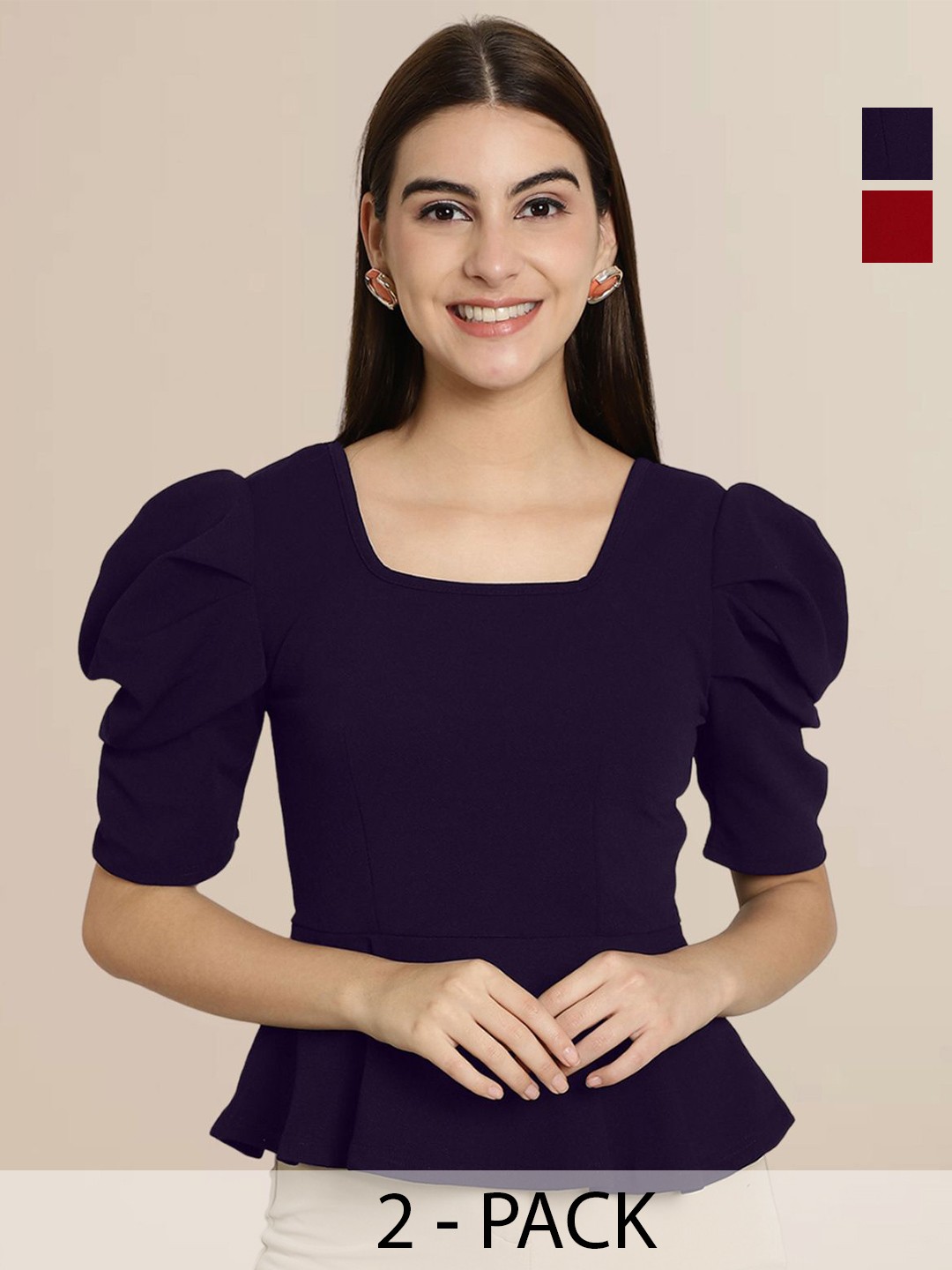 

Tromko Women Pack Of 2 Puff Sleeve Top, Navy blue