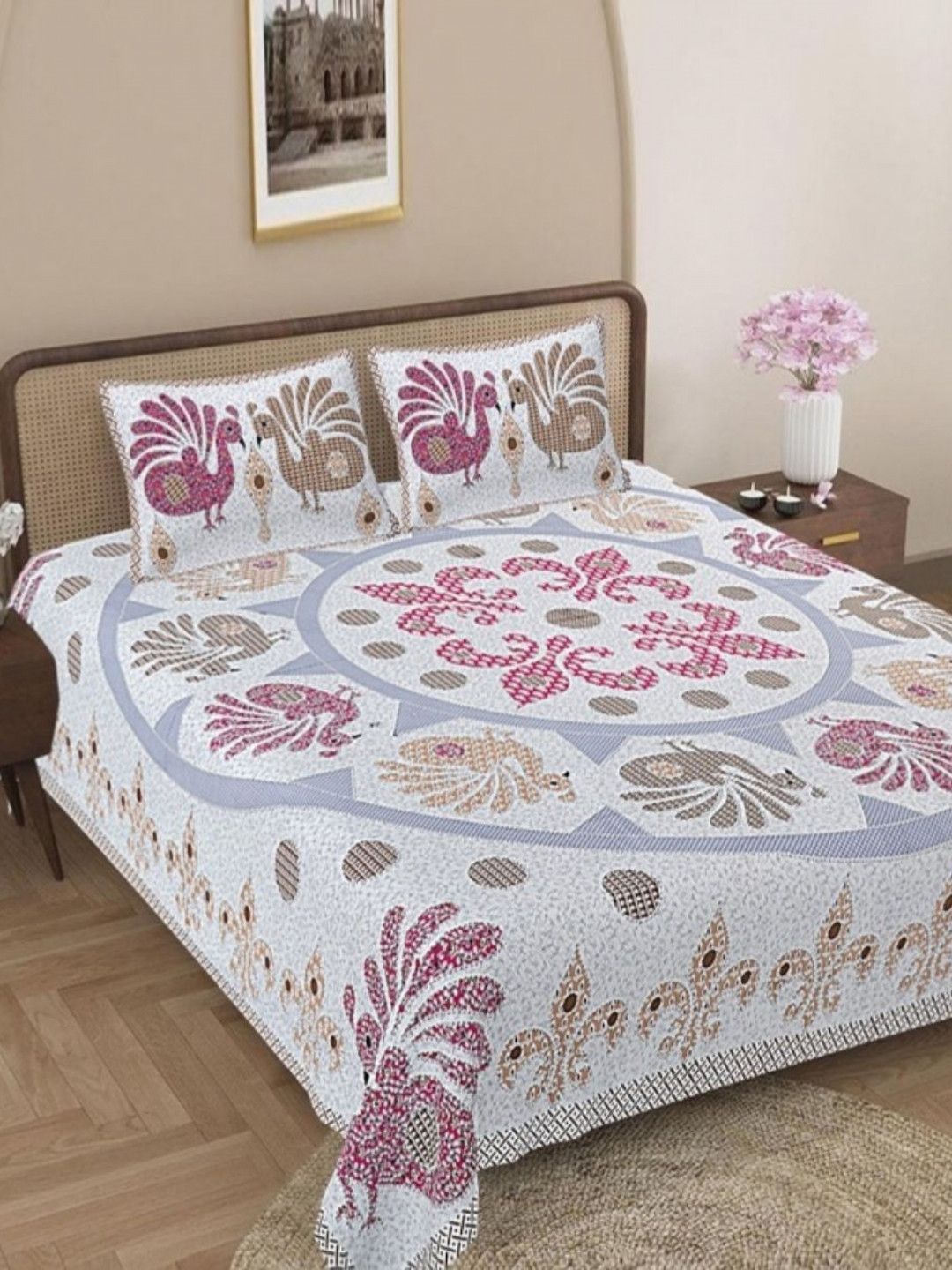 

Jaipur Weaves White & Blue Ethnic Motifs 180 TC Cotton King Bedsheet Set 2.74 m x 2.74 m