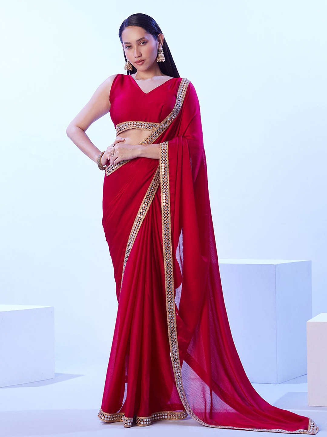 

Kalista Mirror Work Pure Chiffon Saree, Red