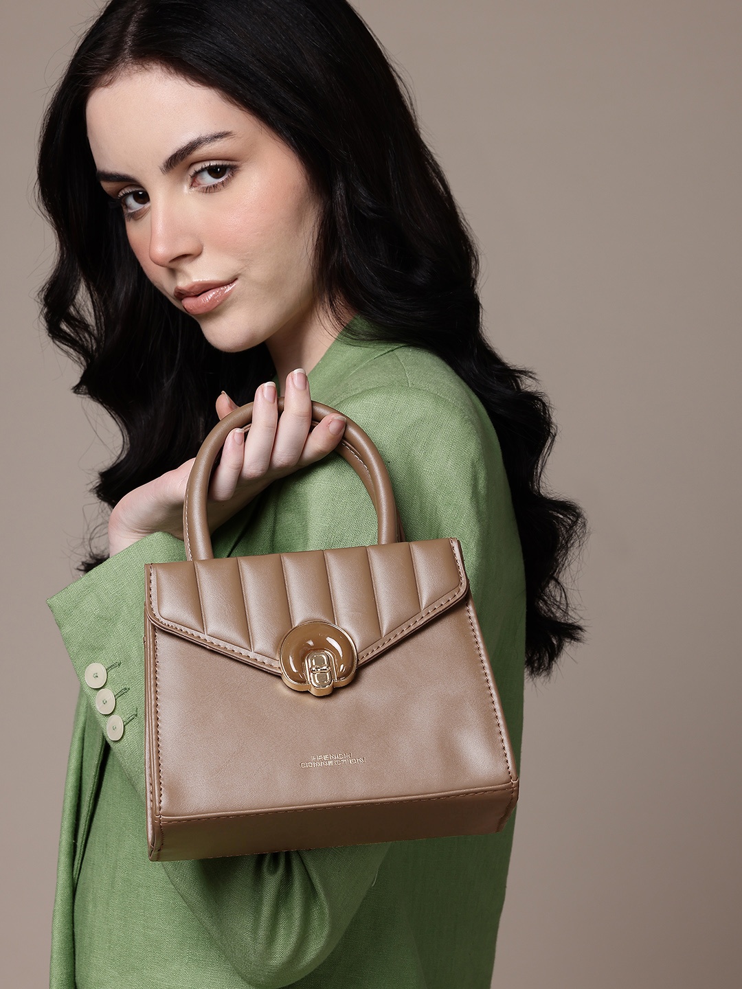 

French Connection Self Striped Structured Handheld Bag, Brown