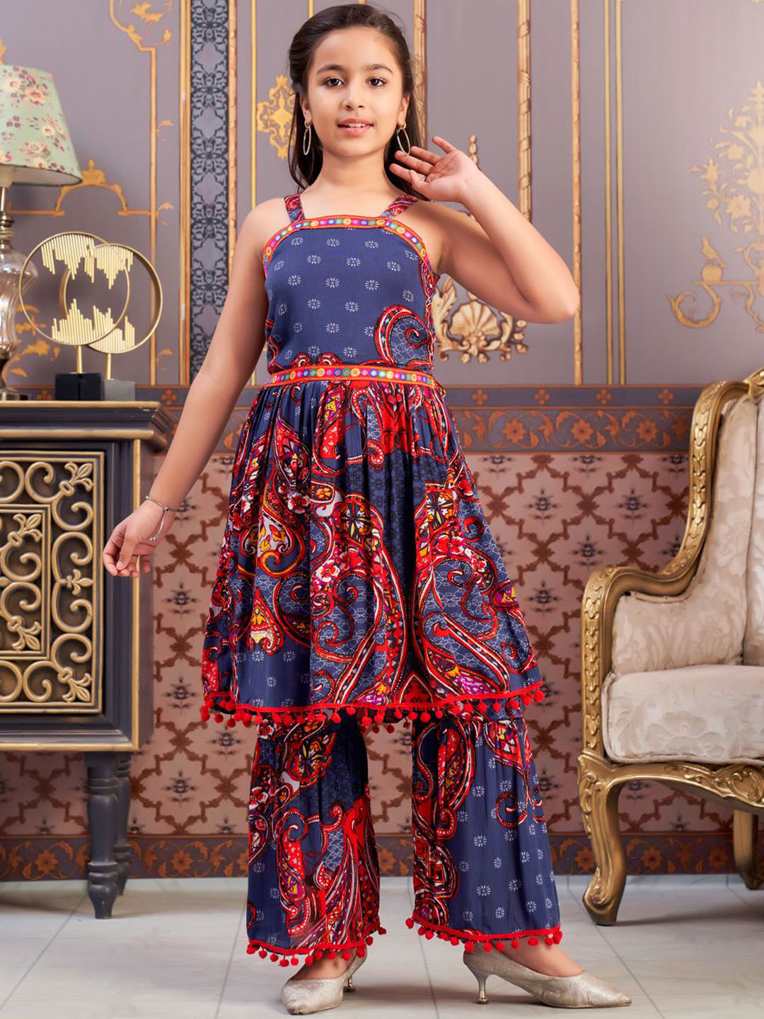 

BAESD Girls Paisley Printed Regular Kurta with Sharara, Navy blue